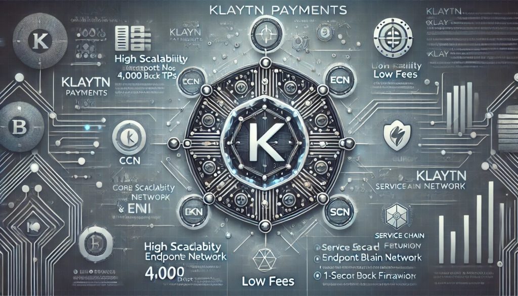 Infographic illustrating Klaytn payments featuring a central KLAY token icon, interconnected blockchain nodes, and key features like high scalability, low fees, and fast transaction times