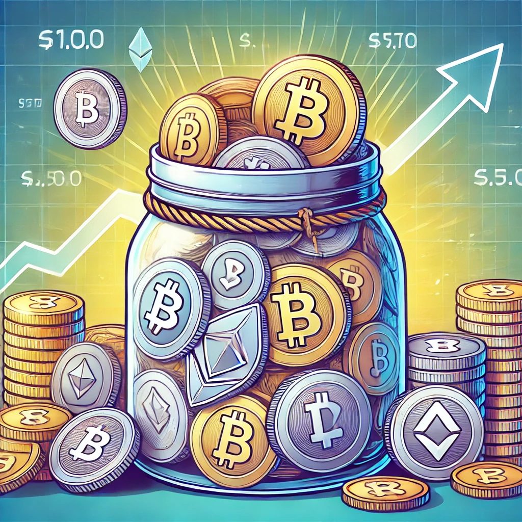 Illustration of a savings jar filled with digital tokens.