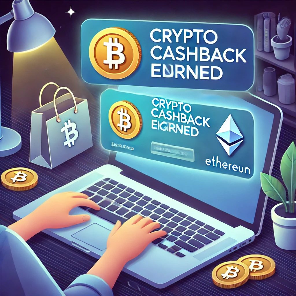 Crypto Cashback Programs" – a person shopping online with a crypto cashback notification