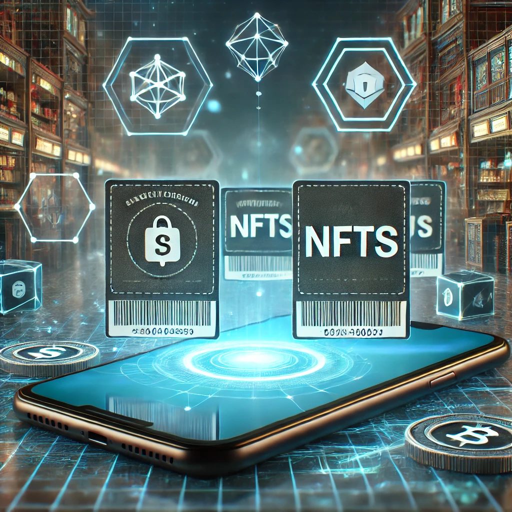 Tokenized Coupons and NFT Rewards" – a smartphone displaying digital coupons as NFTs in a blockchain-powered marketplace