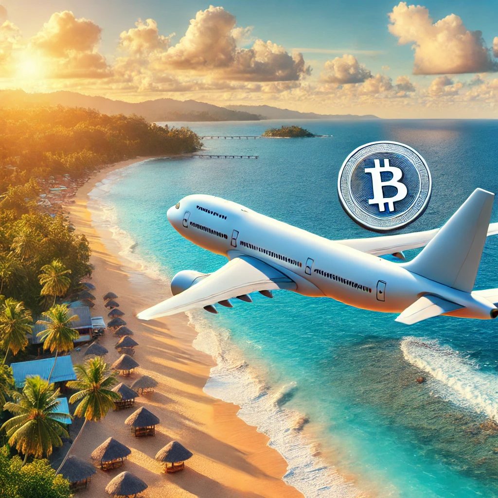 A plane flying over a beach with the Bitcoin logo on its tail