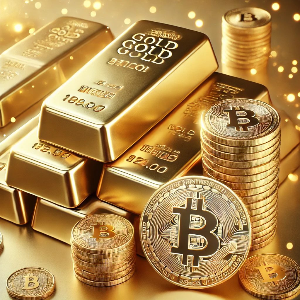 A stack of gold bars with a Bitcoin coin next to them