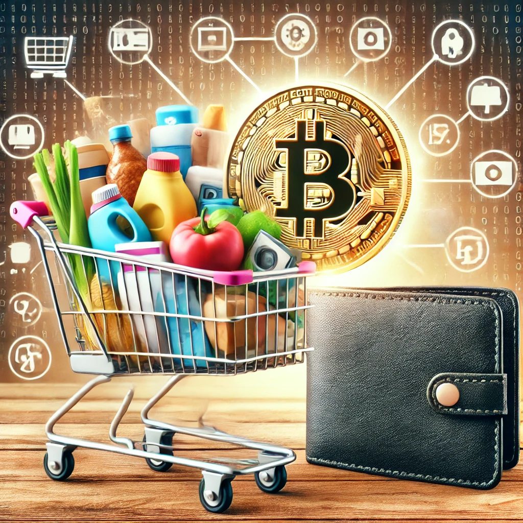 A shopping cart filled with groceries and a digital Bitcoin wallet next to it