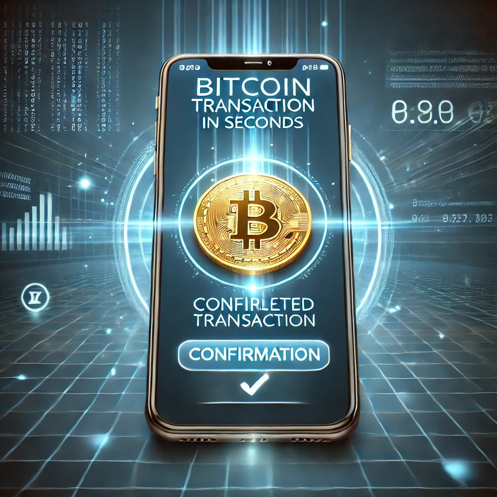 Here's the image for "Instant Payments, No Extra Costs"—a smartphone displaying a completed Bitcoin transaction