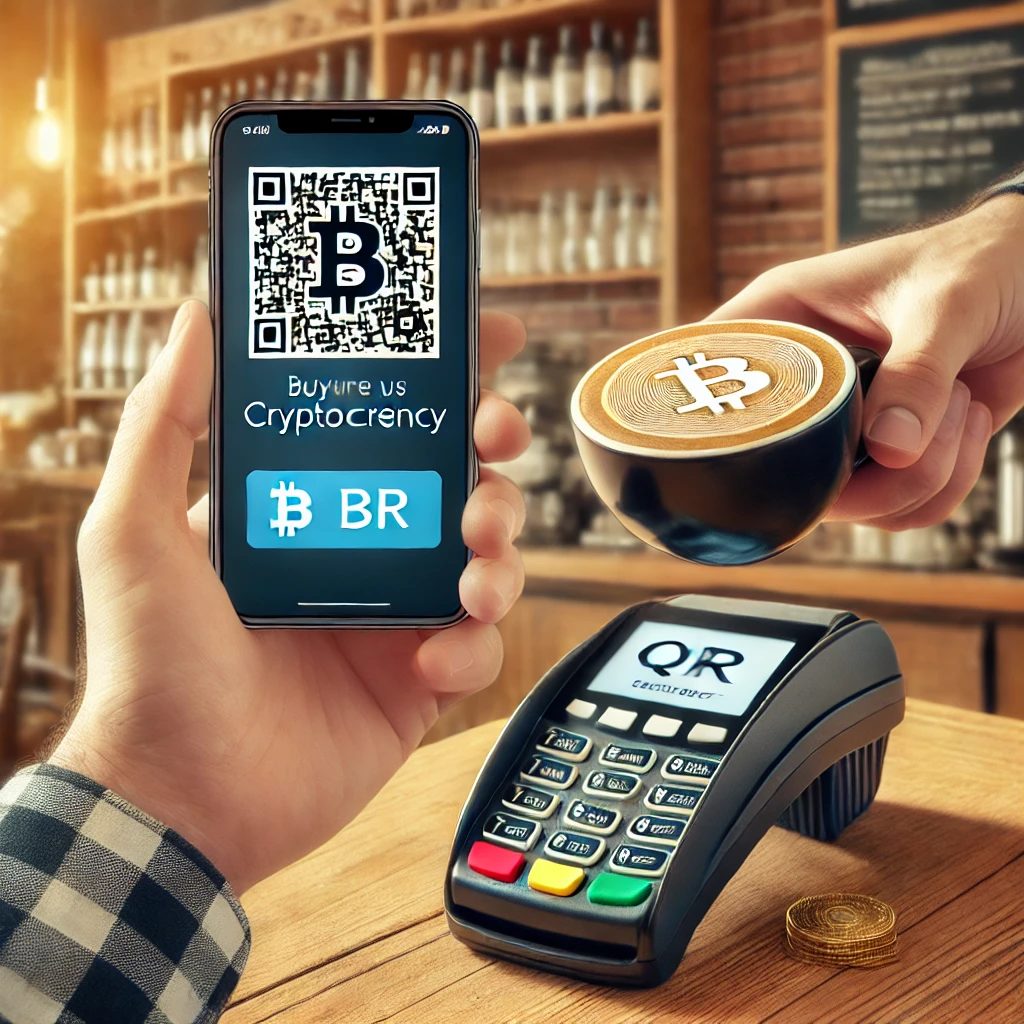 Here's the image for "It’s Easier Than You Think"—a person buying coffee using cryptocurrency with a QR code payment